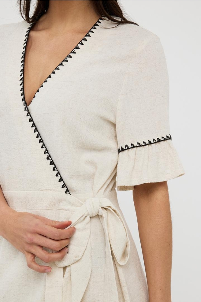 DRESS LINEN FANCY CONTRAST STITCH HS25 28218 180 Sand
